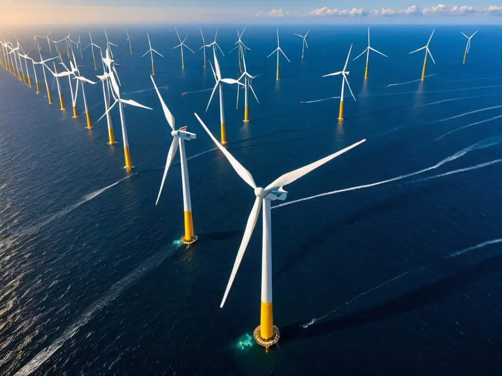 Vista aérea impresionante de un gran parque eólico marino, con turbinas que se extienden hacia el horizonte en el océano