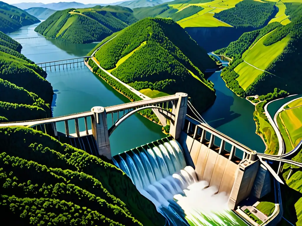 Vista aérea impresionante de una gran presa hidroeléctrica entre montañas verdes