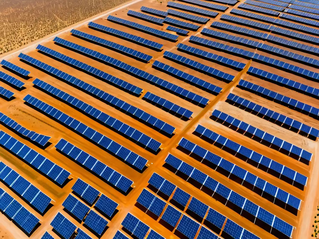 Vista aérea impresionante de granja de paneles solares en el desierto, mostrando la cooperación internacional en energía renovable