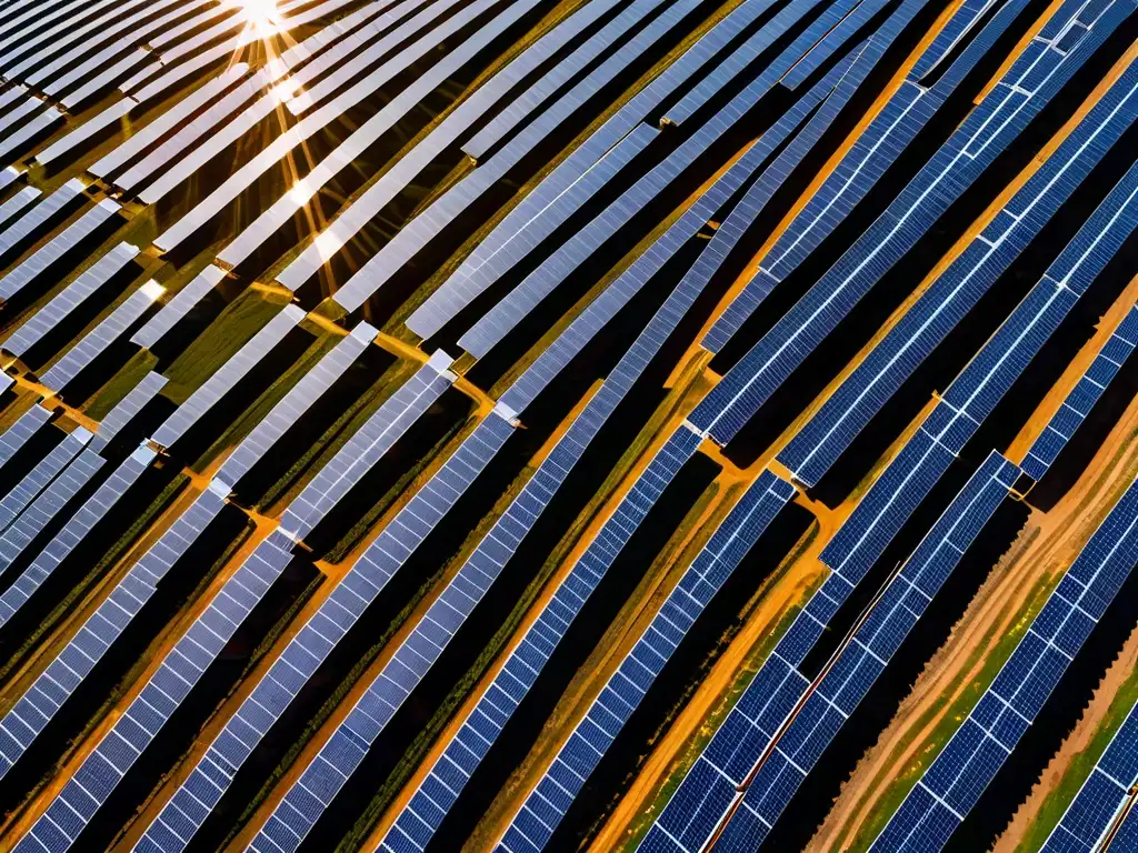 Vista aérea impresionante de granja solar, filas de paneles brillantes en patrón geométrico, reflejando la luz