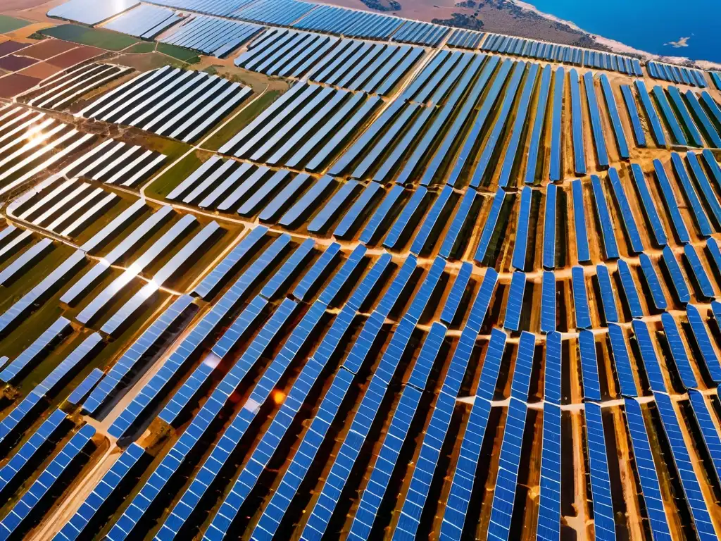 Vista aérea impresionante de una granja solar en España con paneles relucientes y paisaje contrastante