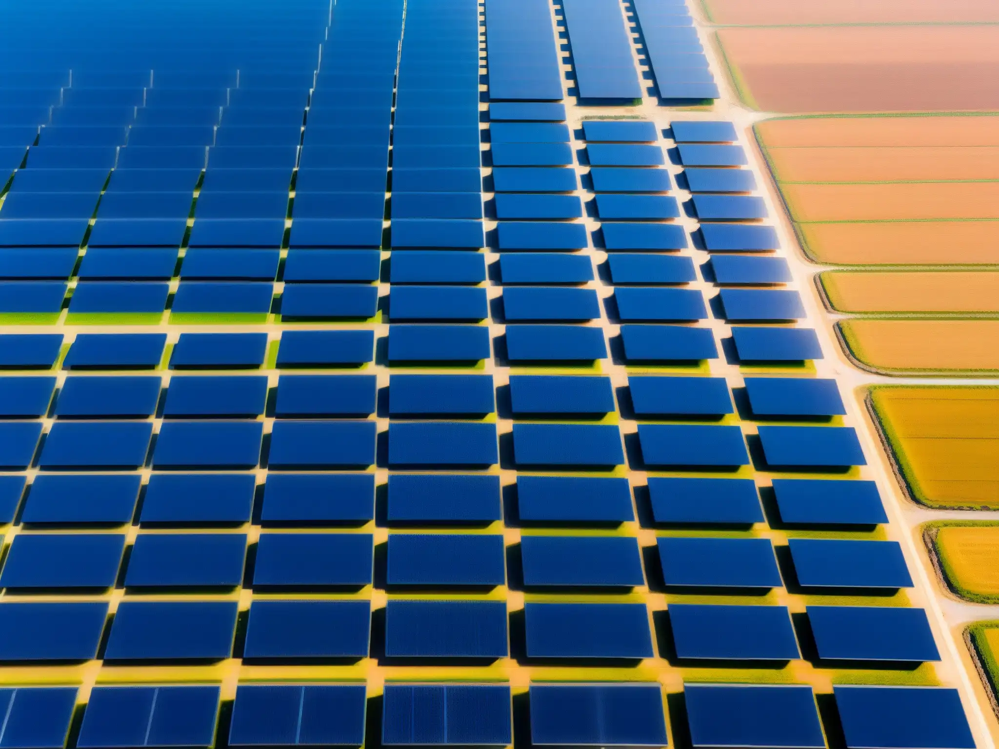 Vista aérea impresionante de granja solar con paneles relucientes bajo cielo azul