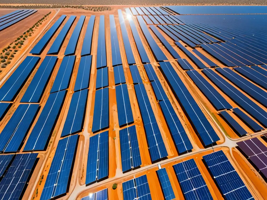 Vista aérea impresionante de granja solar en el desierto, con paneles brillantes y contraste entre cielo azul y tonos terrosos