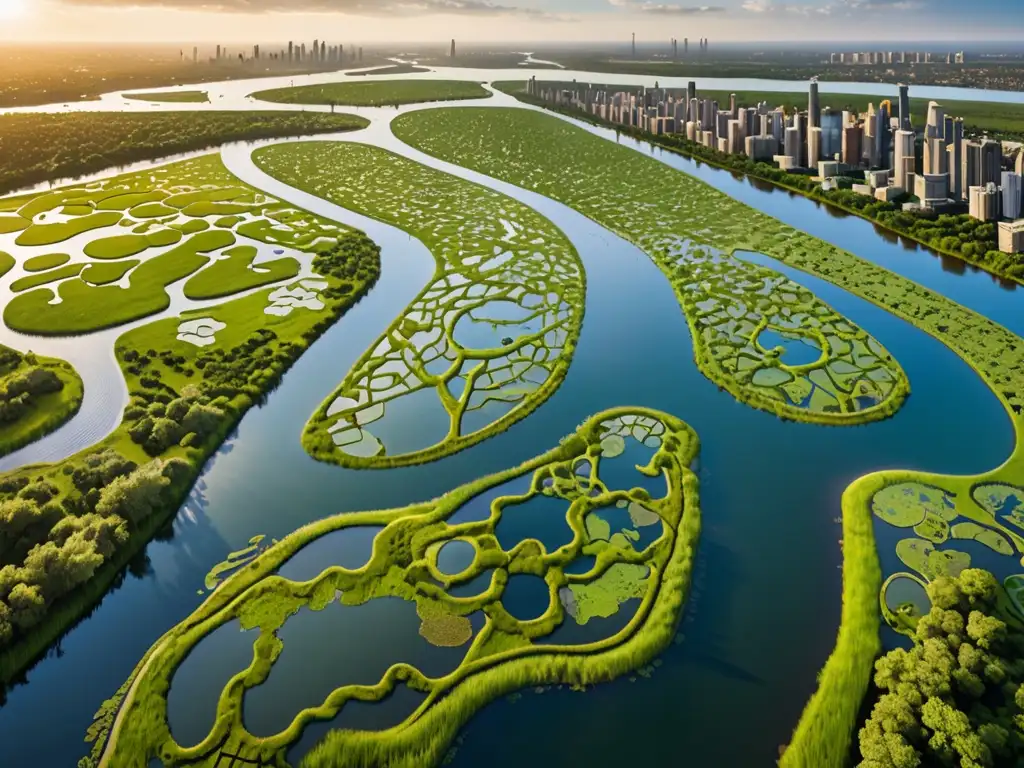 Vista aérea impresionante de humedales urbanos, resaltando la importancia de proteger la naturaleza en la ciudad