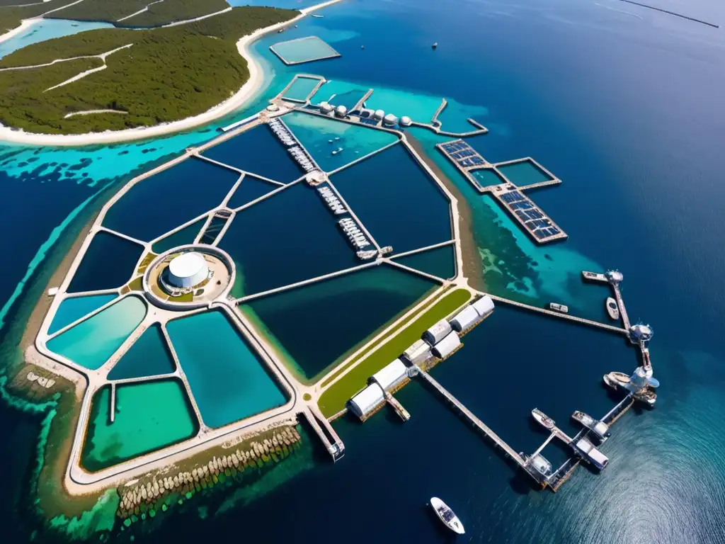 Vista aérea impresionante de una instalación de acuicultura biotecnológica sostenible en el mar, con redes de tanques repletos de vida marina vibrante y aguas cristalinas reflejando el cielo azul