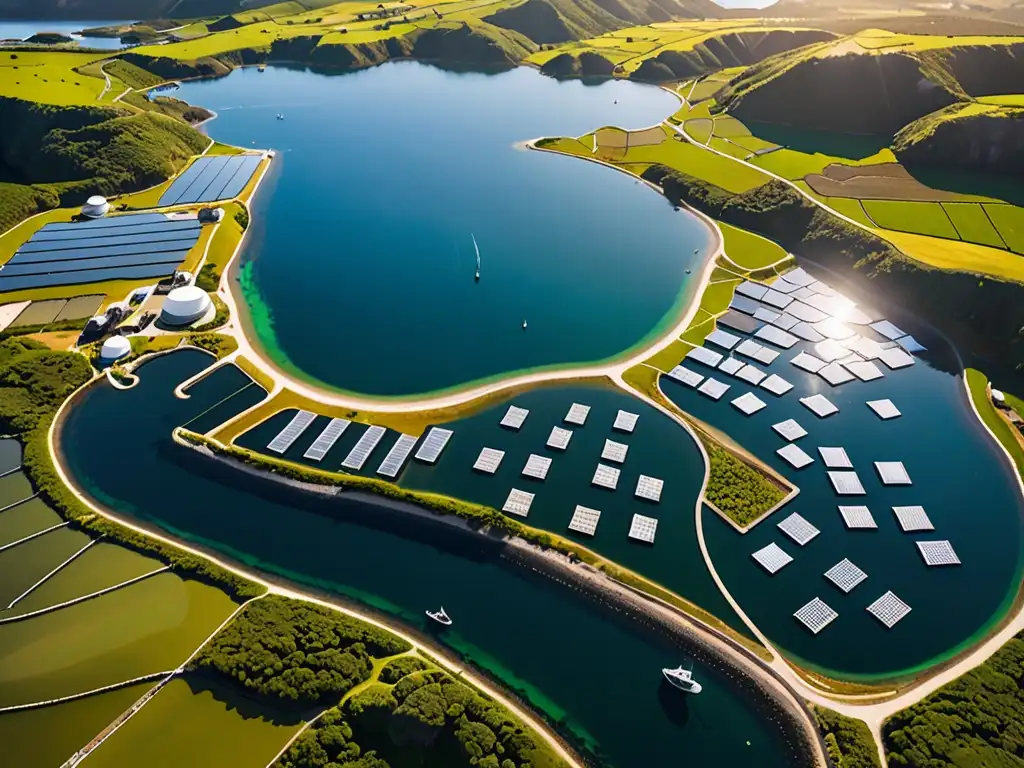 Vista aérea de una impresionante instalación de acuicultura sostenible en la costa