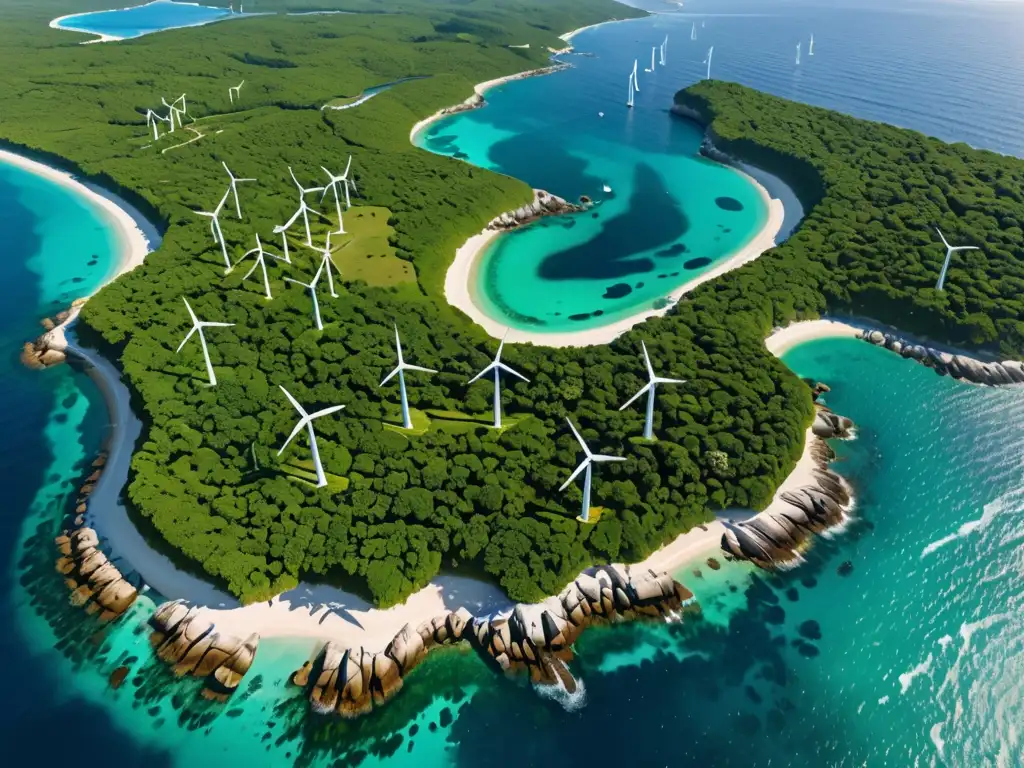 Vista aérea impresionante del océano con aguas turquesas cristalinas, costa verde y molinos de viento