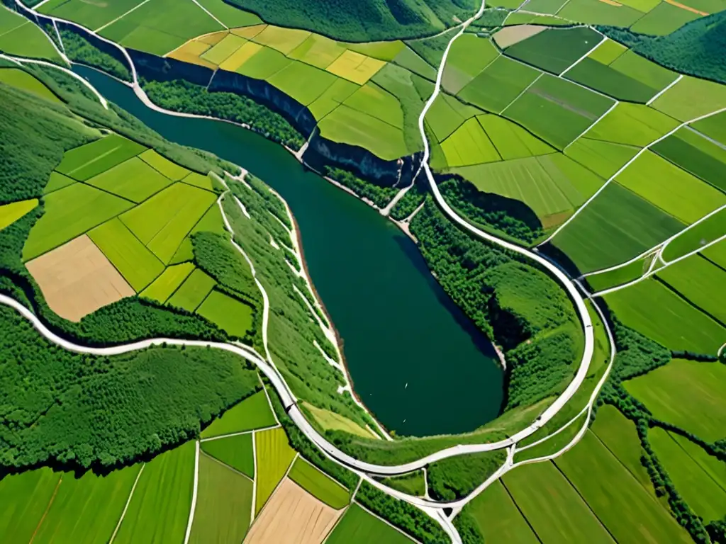 Vista aérea impresionante de un paisaje europeo dividido por una frontera, mostrando campos verdes y terrenos montañosos