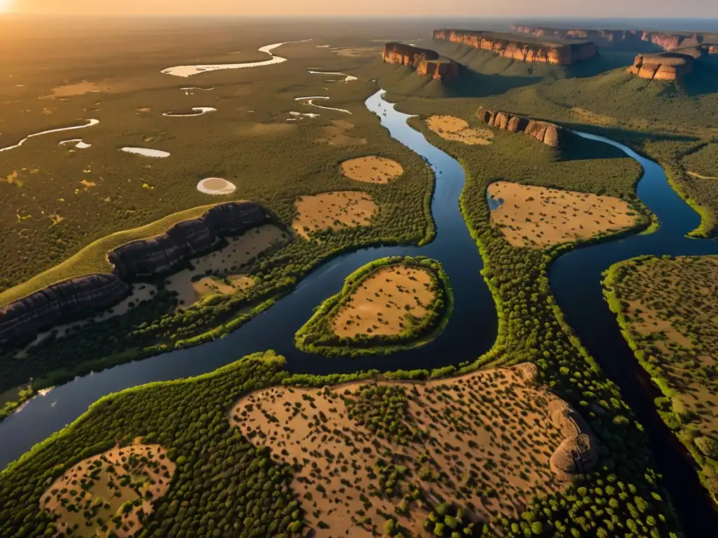 Vista aérea del impresionante paisaje del Parque Nacional Kruger en África, con diversa vida salvaje y terreno