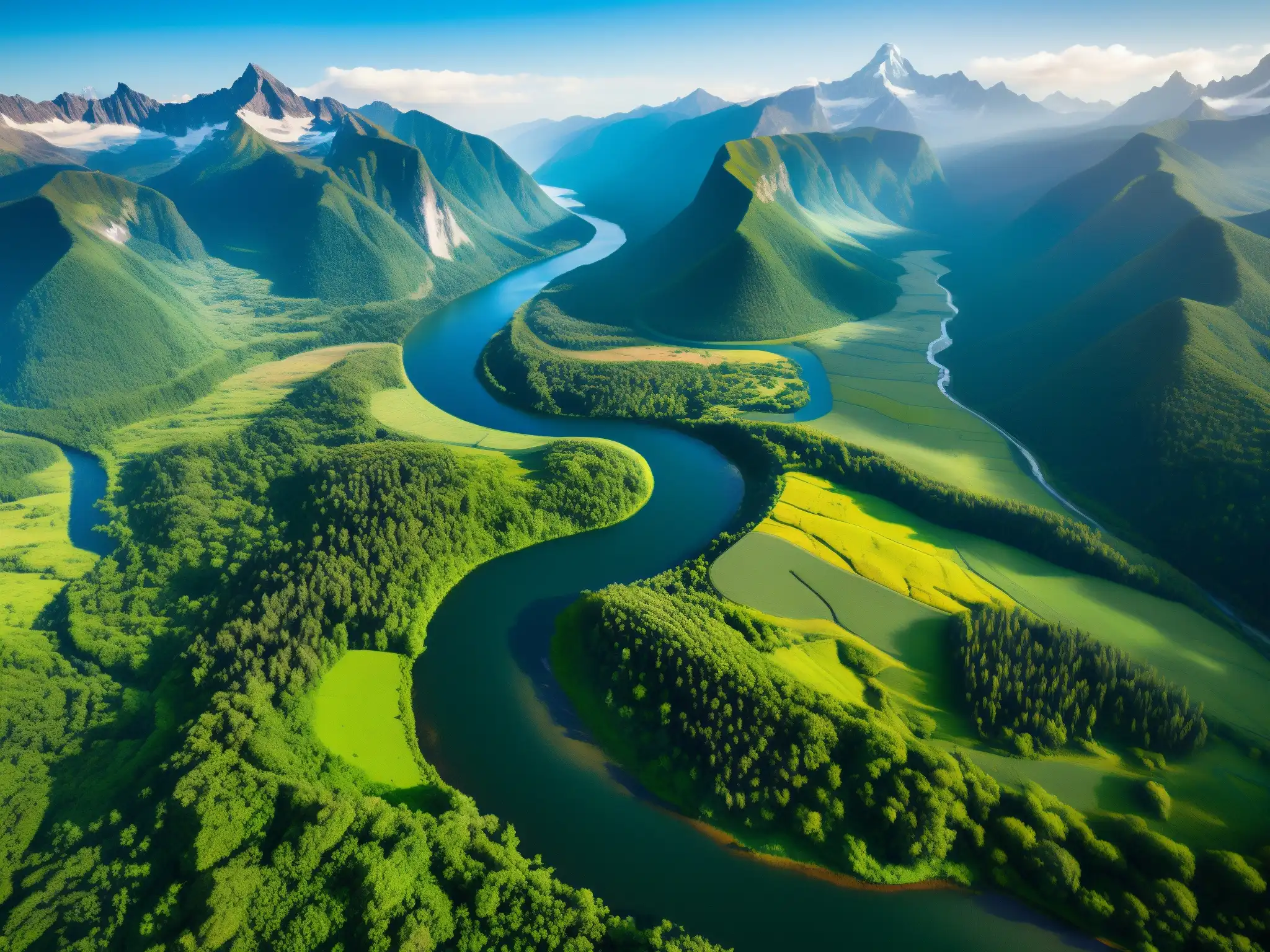 Vista aérea impresionante de un paisaje natural protegido, con ríos, montañas nevadas y exuberante vegetación