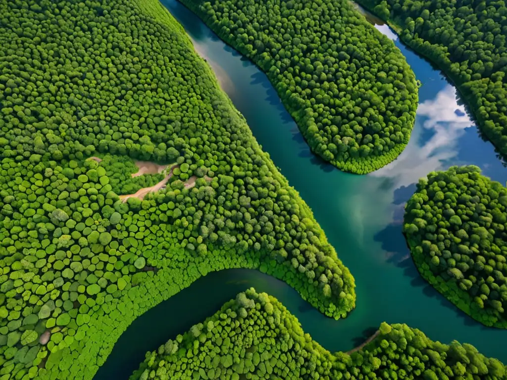 Vista aérea impresionante de un paisaje exuberante y biodiverso, destacando la armoniosa coexistencia entre comunidades indígenas y el entorno natural