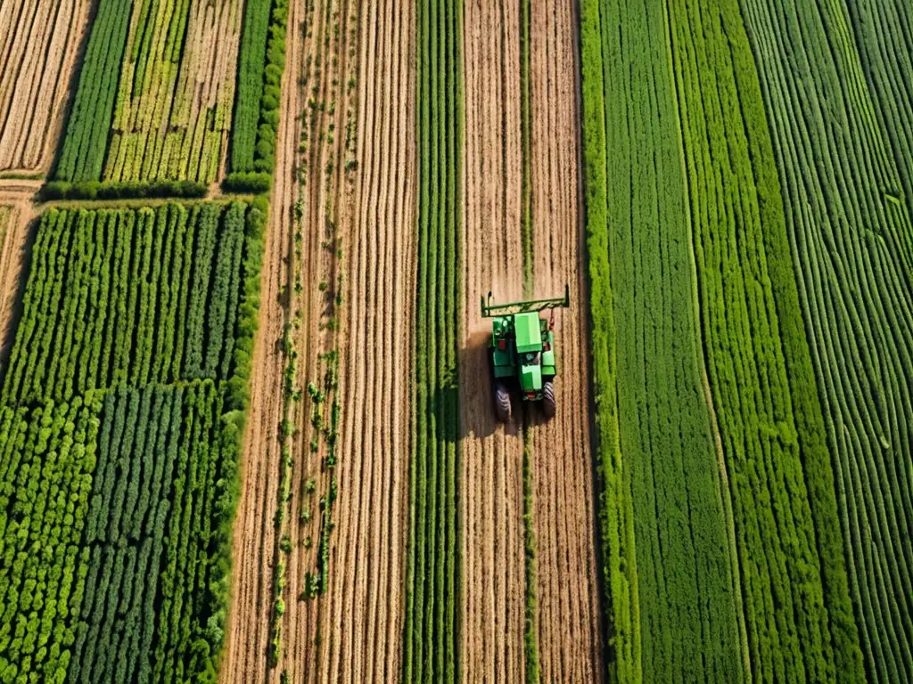 Vista aérea impresionante de un paisaje agrícola verde exuberante con cultivos ordenados, maquinaria moderna en acción