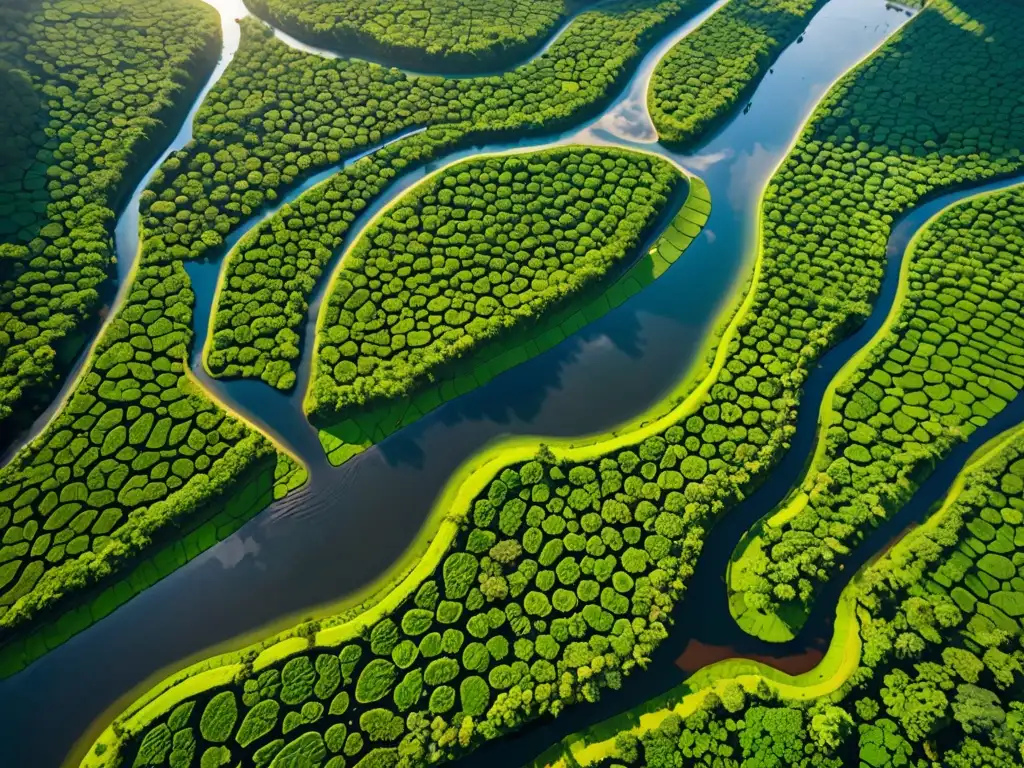 Vista aérea impresionante de paisajes verdes de Sri Lanka con ríos, vegetación vibrante y luz dorada