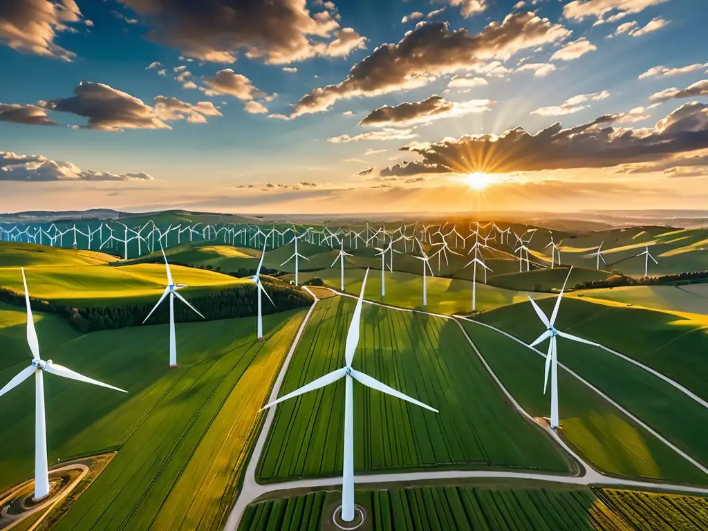 Majestuosos molinos de viento en armonía con la naturaleza Vista aérea impresionante de un parque eólico con turbinas majestuosas en armonía con la naturaleza