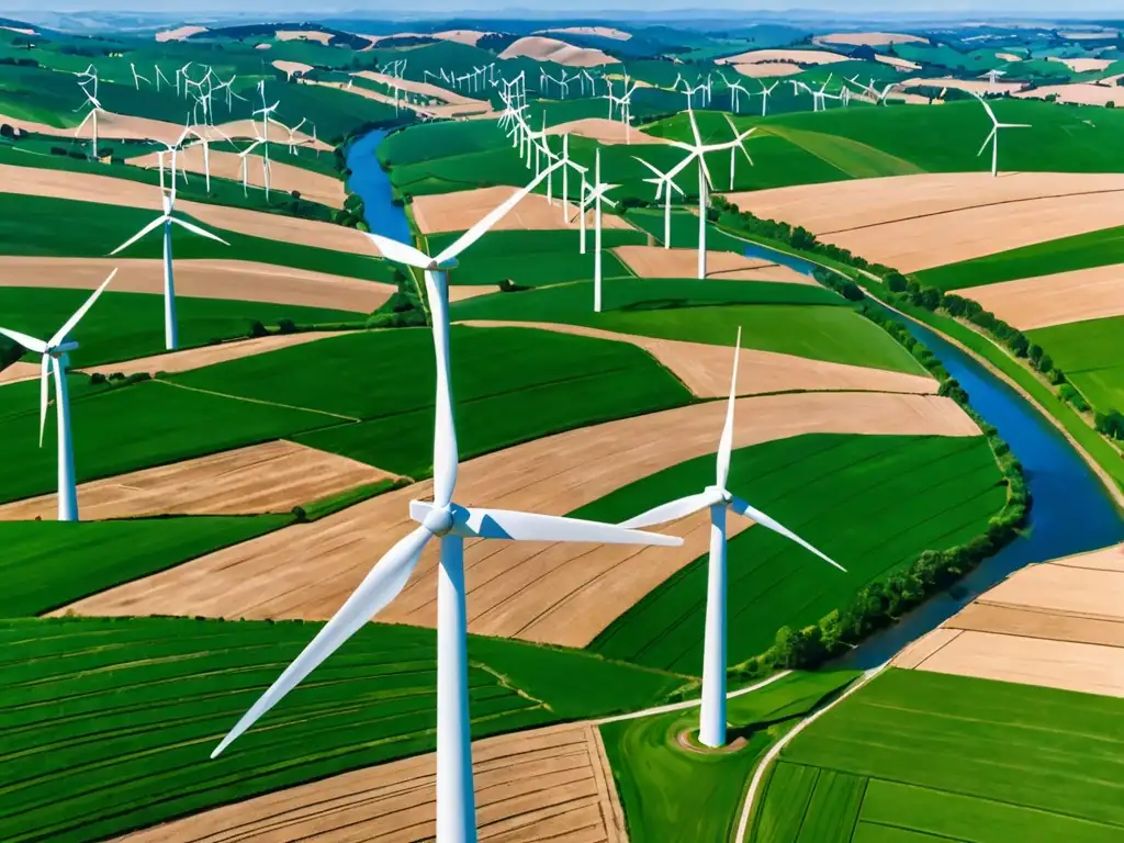Parque eólico: energía renovable en acción Vista aérea impresionante de un parque eólico en colinas, con turbinas blancas en movimiento