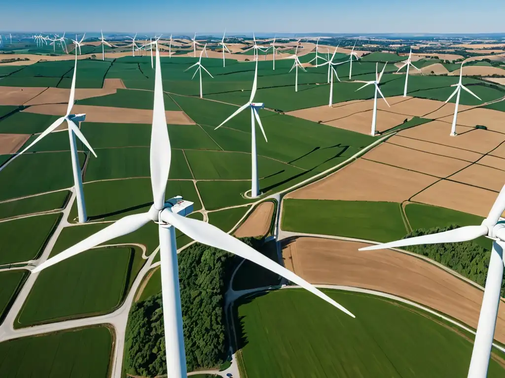 Vista aérea impresionante de parque eólico en armonía con el entorno natural