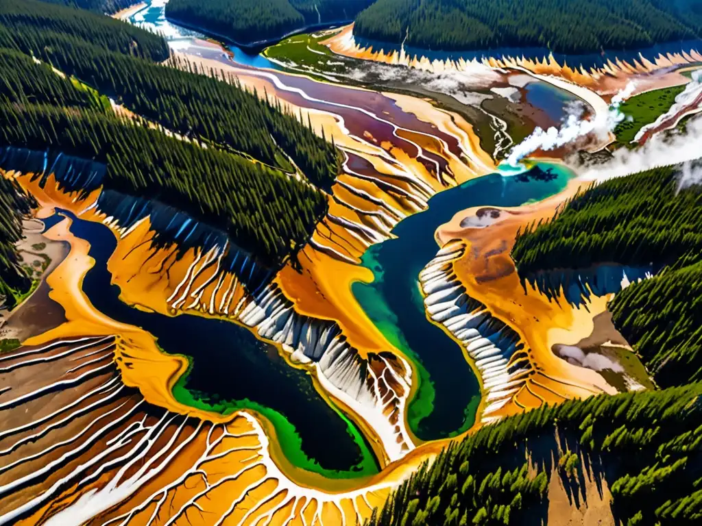 Una vista aérea impresionante del Parque Nacional Yellowstone, destacando su naturaleza, ríos y géiseres, en armonía con la vida silvestre