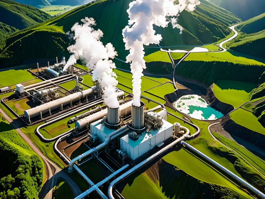 Vista aérea impresionante de una planta geotérmica en un valle exuberante, con vapor blanco creando contraste