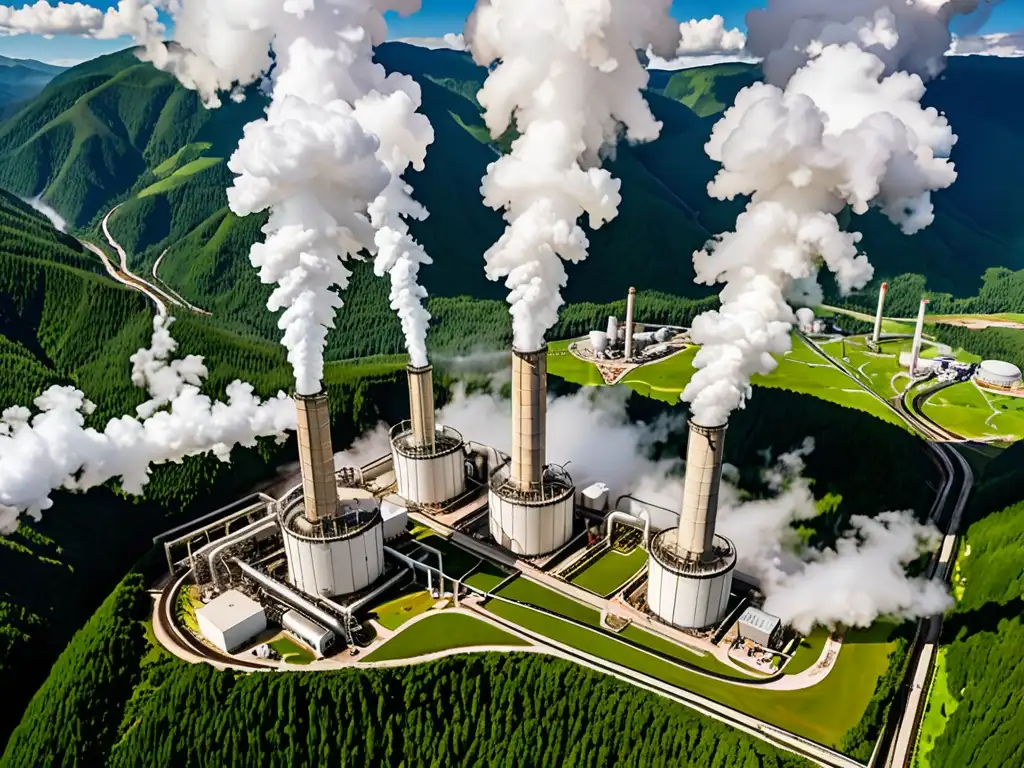 Vista aérea impresionante de una planta geotérmica en un valle exuberante, con vapor elevándose