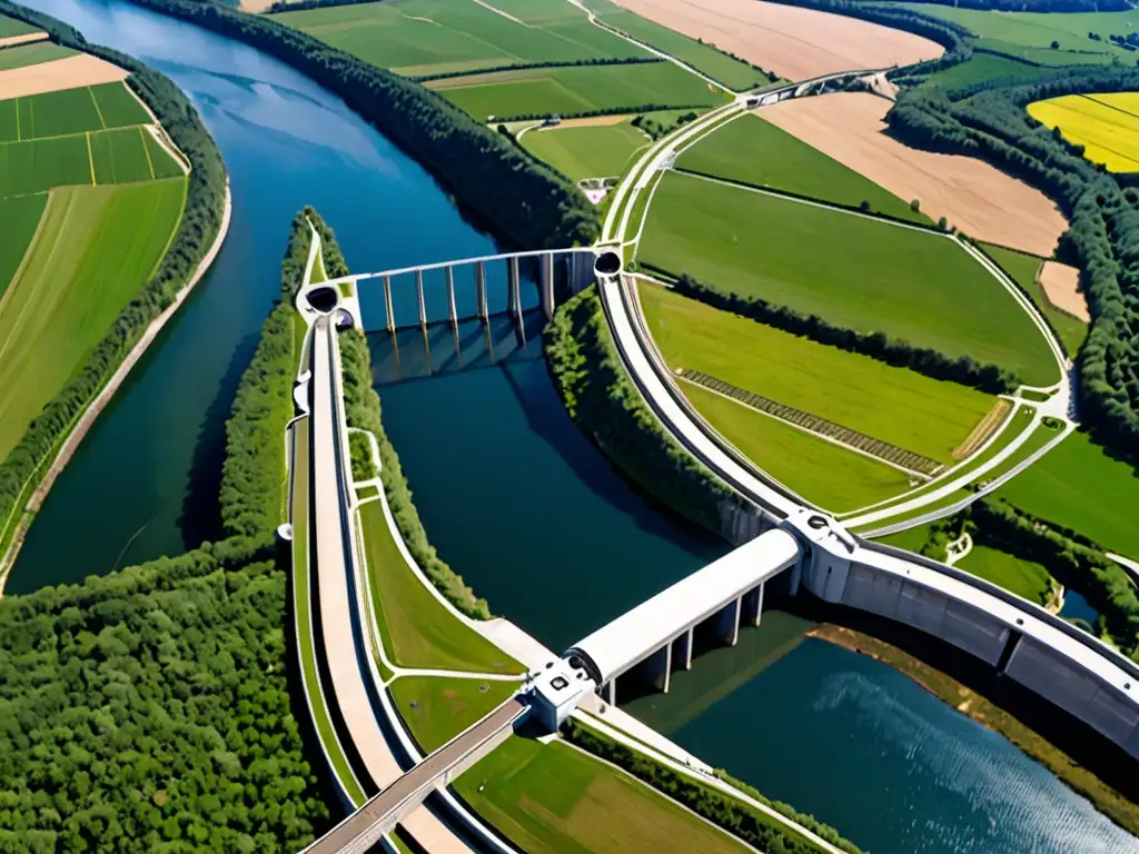 Vista aérea impresionante de una planta hidroeléctrica en el campo europeo