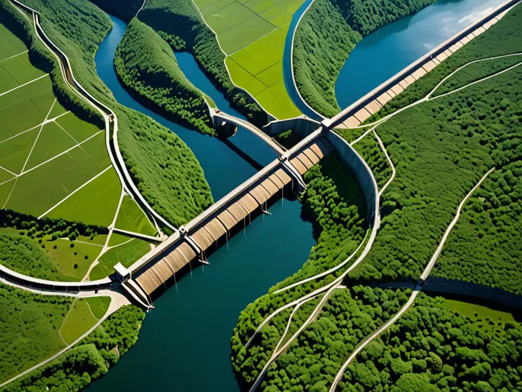 Vista aérea de una impresionante presa hidroeléctrica en un valle exuberante