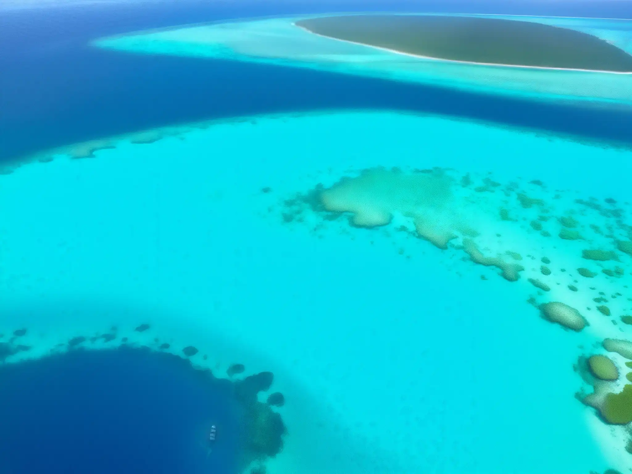 Vista aérea impresionante de un área marina protegida, con aguas turquesas cristalinas rebosantes de vida marina