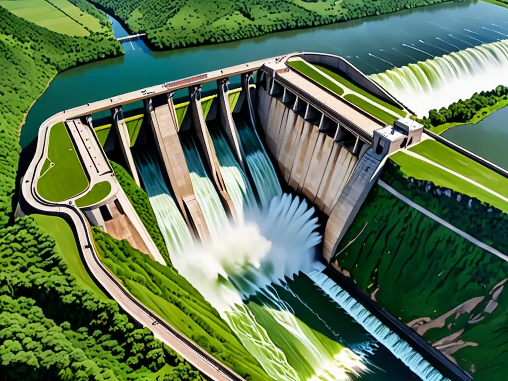 Vista aérea de una impresionante represa hidroeléctrica en un valle exuberante, con el poderoso flujo de agua a través del vertedero