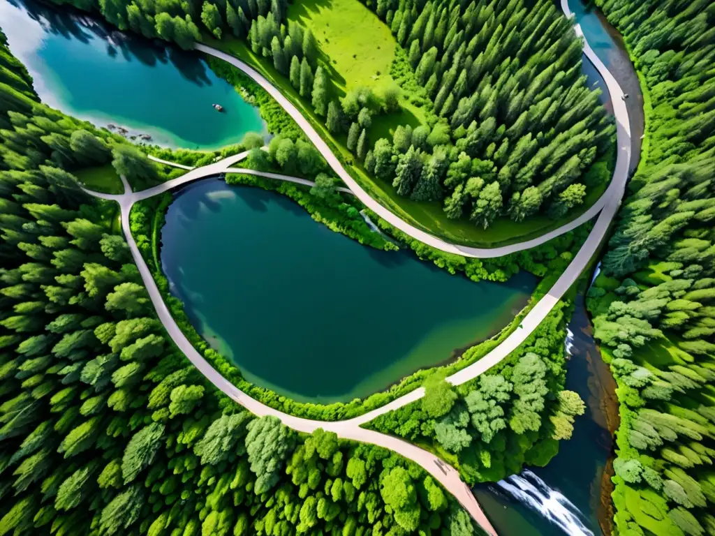 Vista aérea impresionante del río europeo rodeado de exuberante vegetación