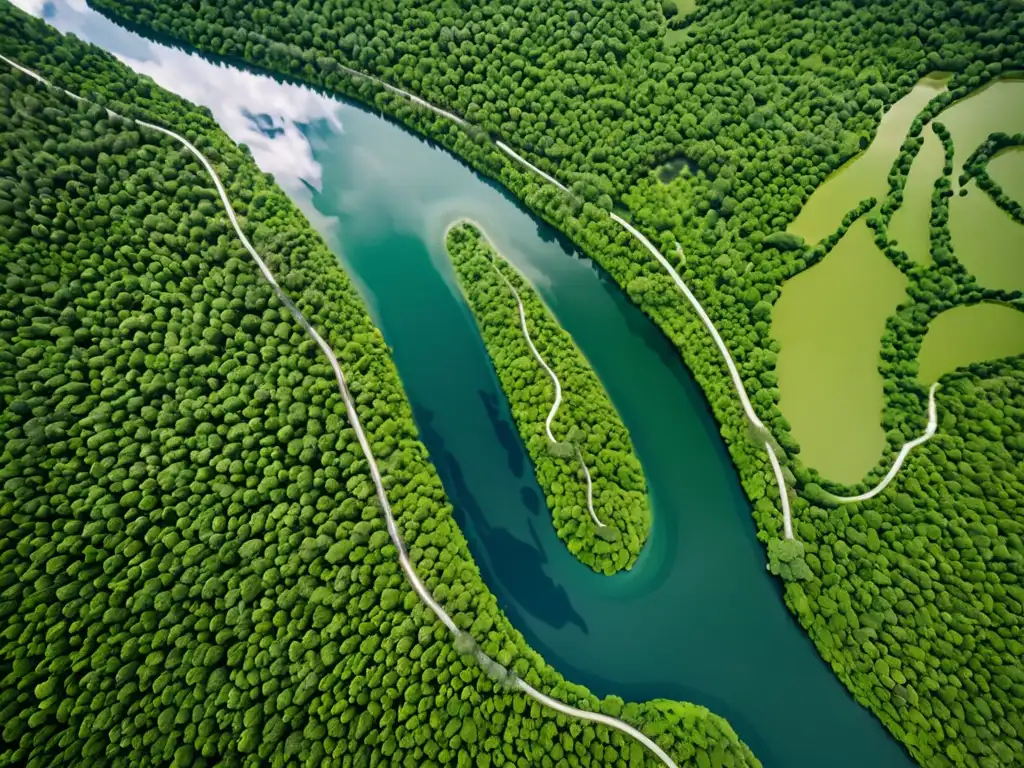 Vista aérea impresionante de un río sereno entre paisaje verde exuberante