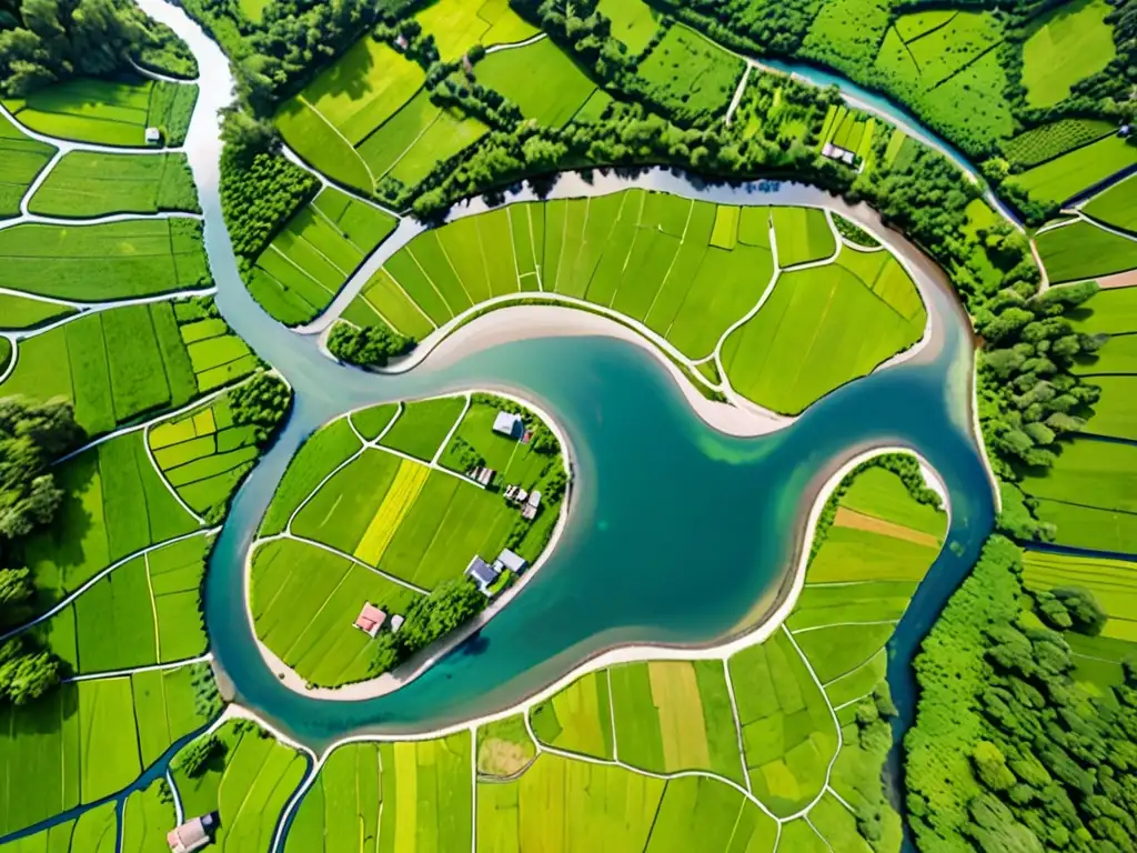 Vista aérea impresionante de un río serpenteando entre un paisaje exuberante, con un pueblo en sus orillas