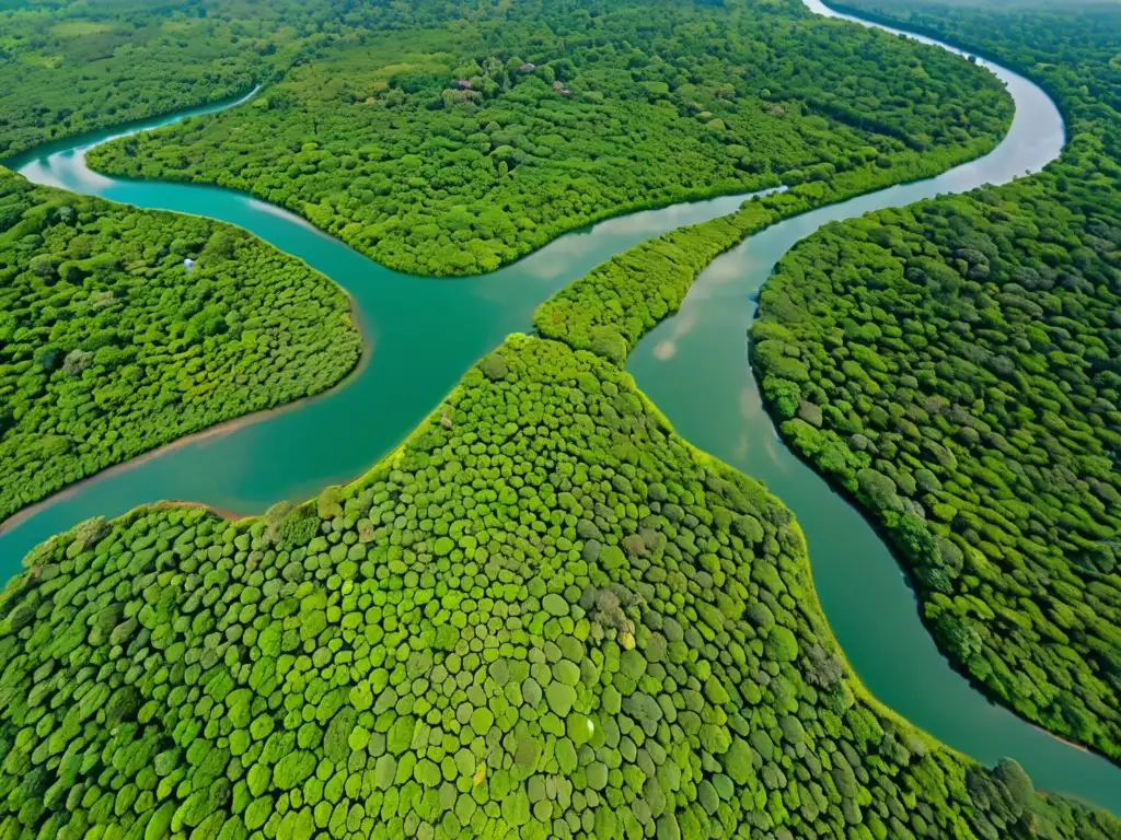 Vista aérea impresionante de un santuario de vida silvestre exuberante, con un río sereno y densa vegetación