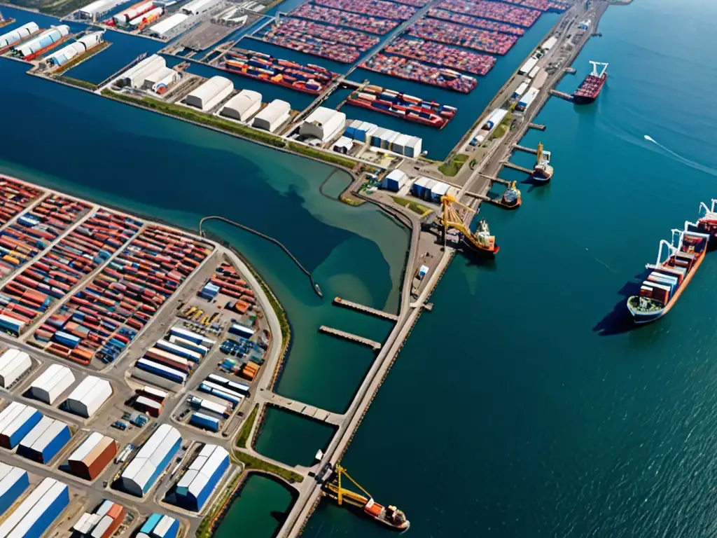 Vista aérea impresionante de zona industrial costera, mostrando equilibrio entre desarrollo humano y entorno natural