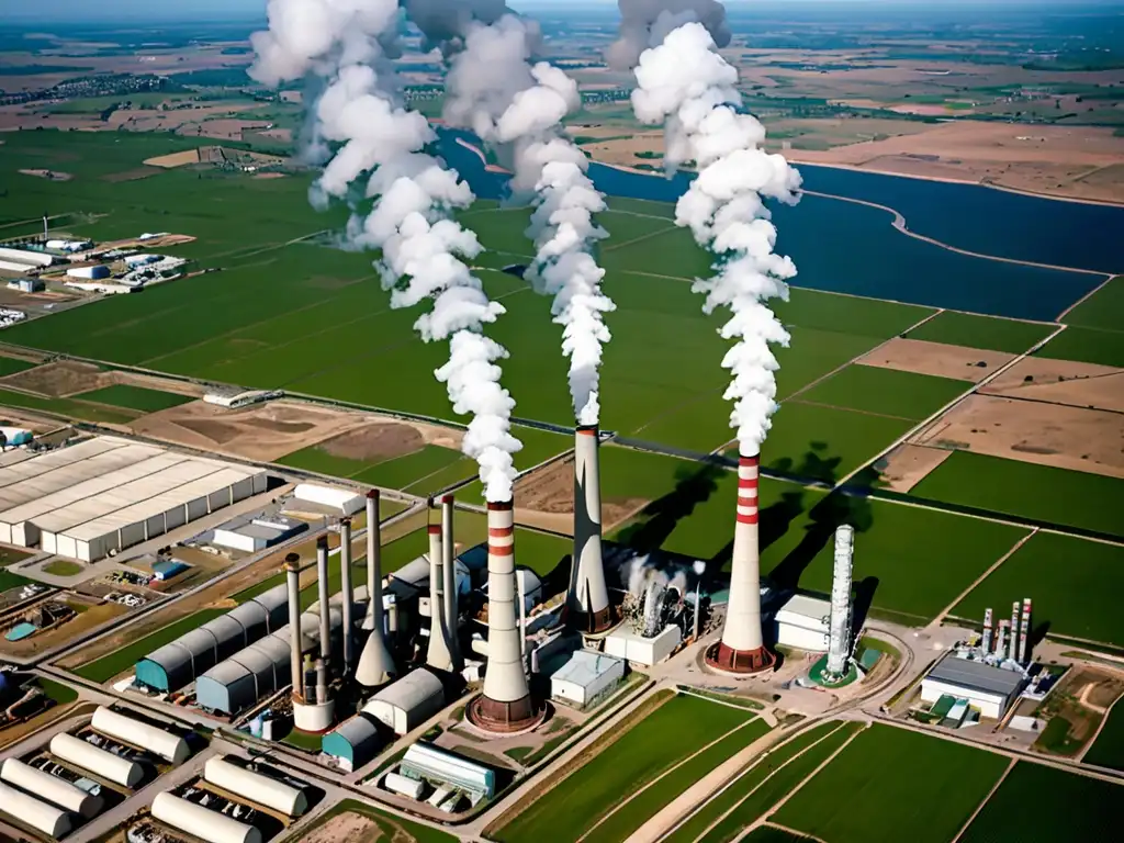 Vista aérea de industrias en frontera emitiendo contaminantes, contrastando con paisaje natural