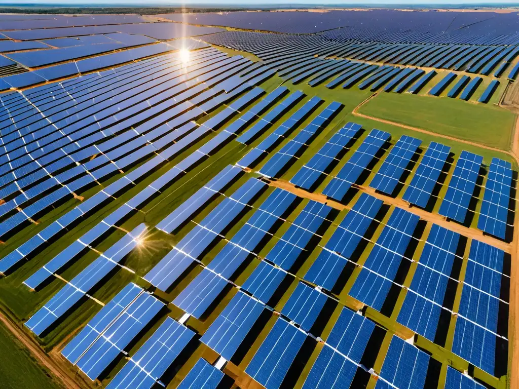 Vista aérea de una inmensa granja solar bajo un cielo azul