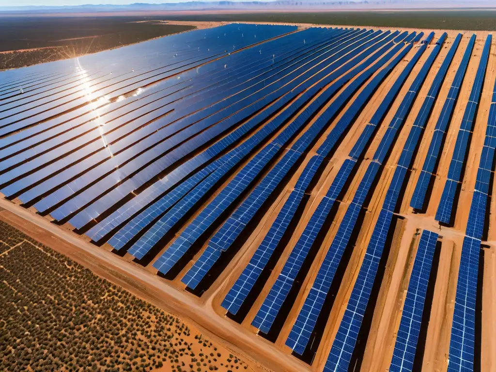 Vista aérea de un inmenso campo solar en el desierto, con paneles brillantes bajo el sol