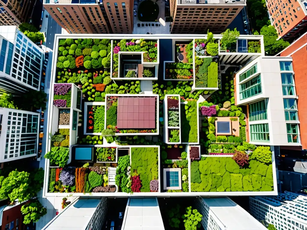 Vista aérea de la integración armoniosa de techos verdes urbanos en una ciudad, resaltando la diversidad y exuberancia de la vegetación