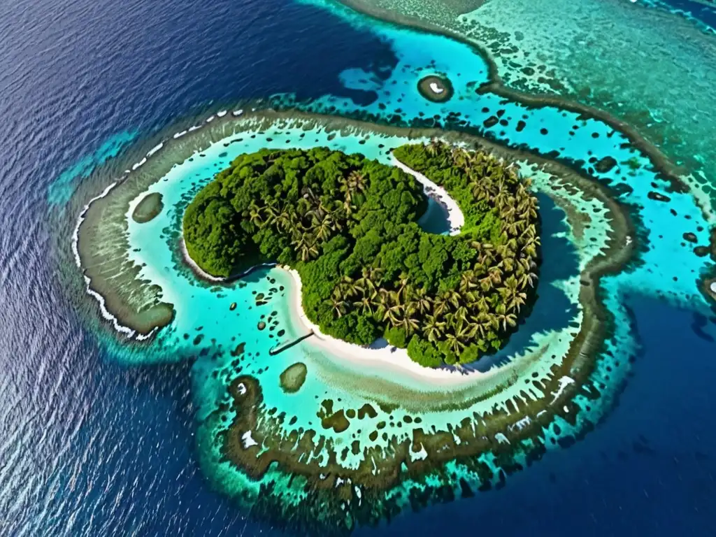 Vista aérea de isla en el Pacífico con exuberante vegetación, aguas turquesa y arrecifes de coral