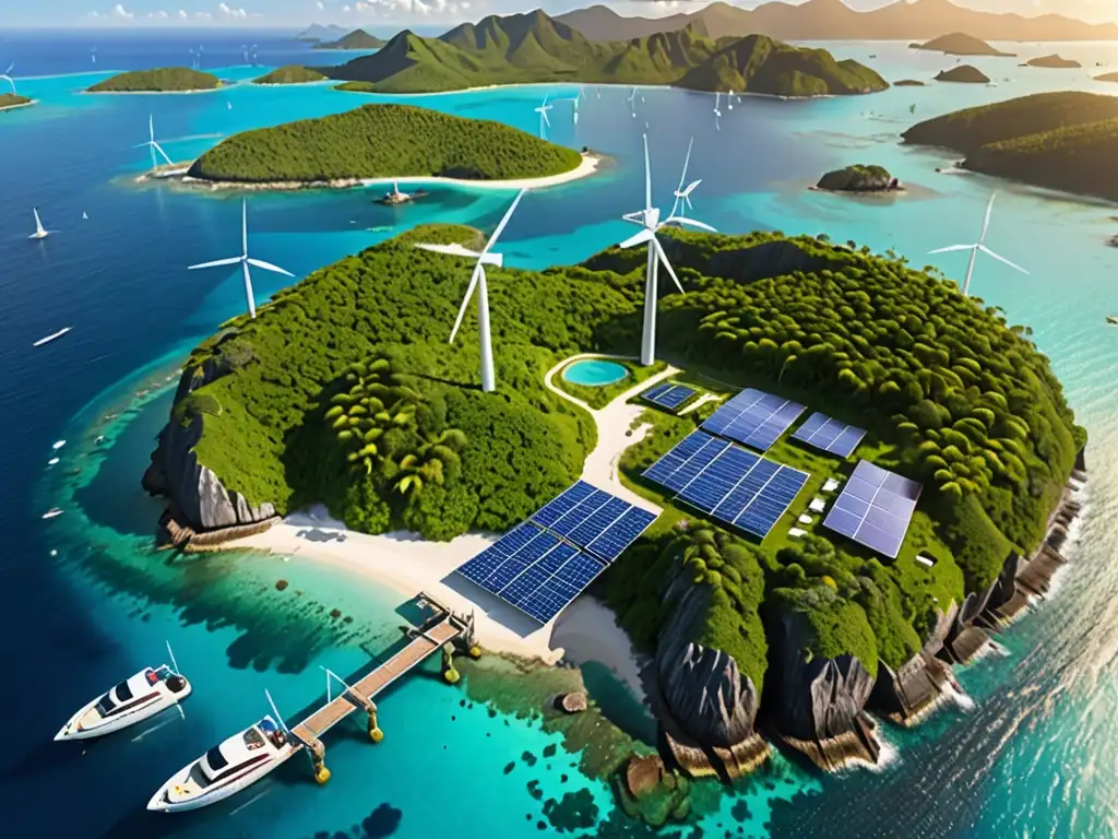 Vista aérea de isla remota con energía renovable y paisaje tranquilo