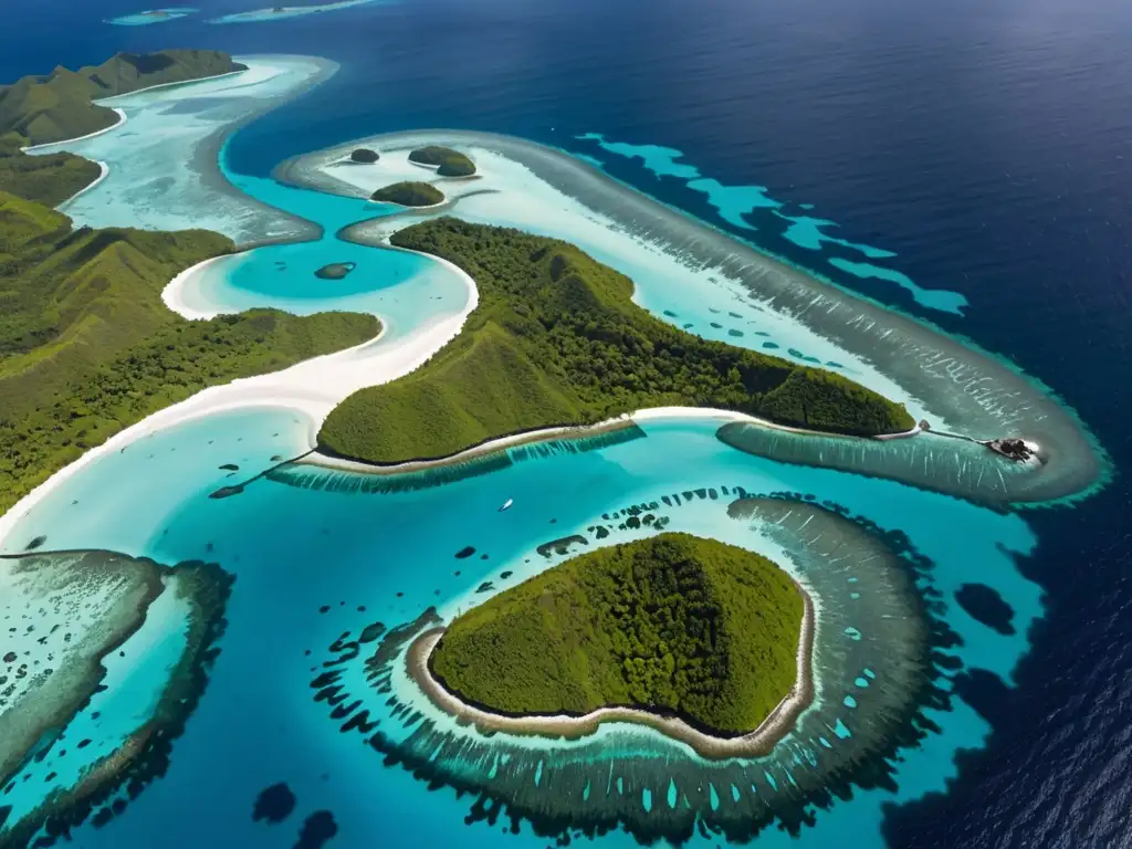 Vista aérea de isla remota en el Pacífico, aguas turquesas, playas blancas y exuberante vegetación