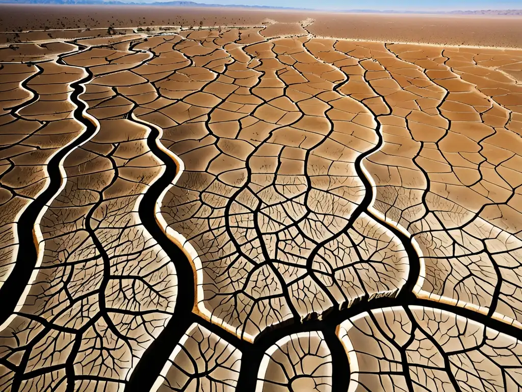 Vista aérea de un lecho de río agrietado en un paisaje desolado, mostrando la gestión hídrica en tiempos de sequía