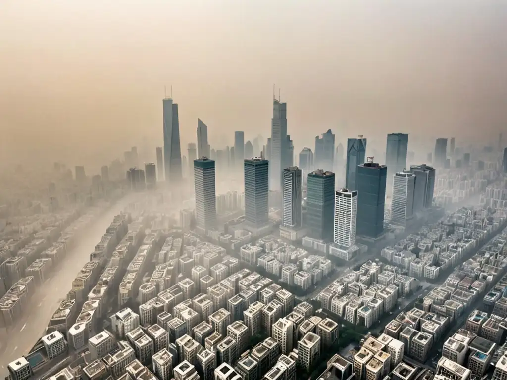 Vista aérea de metrópoli envuelta en smog, con claros contrastes entre zonas contaminadas y limpias