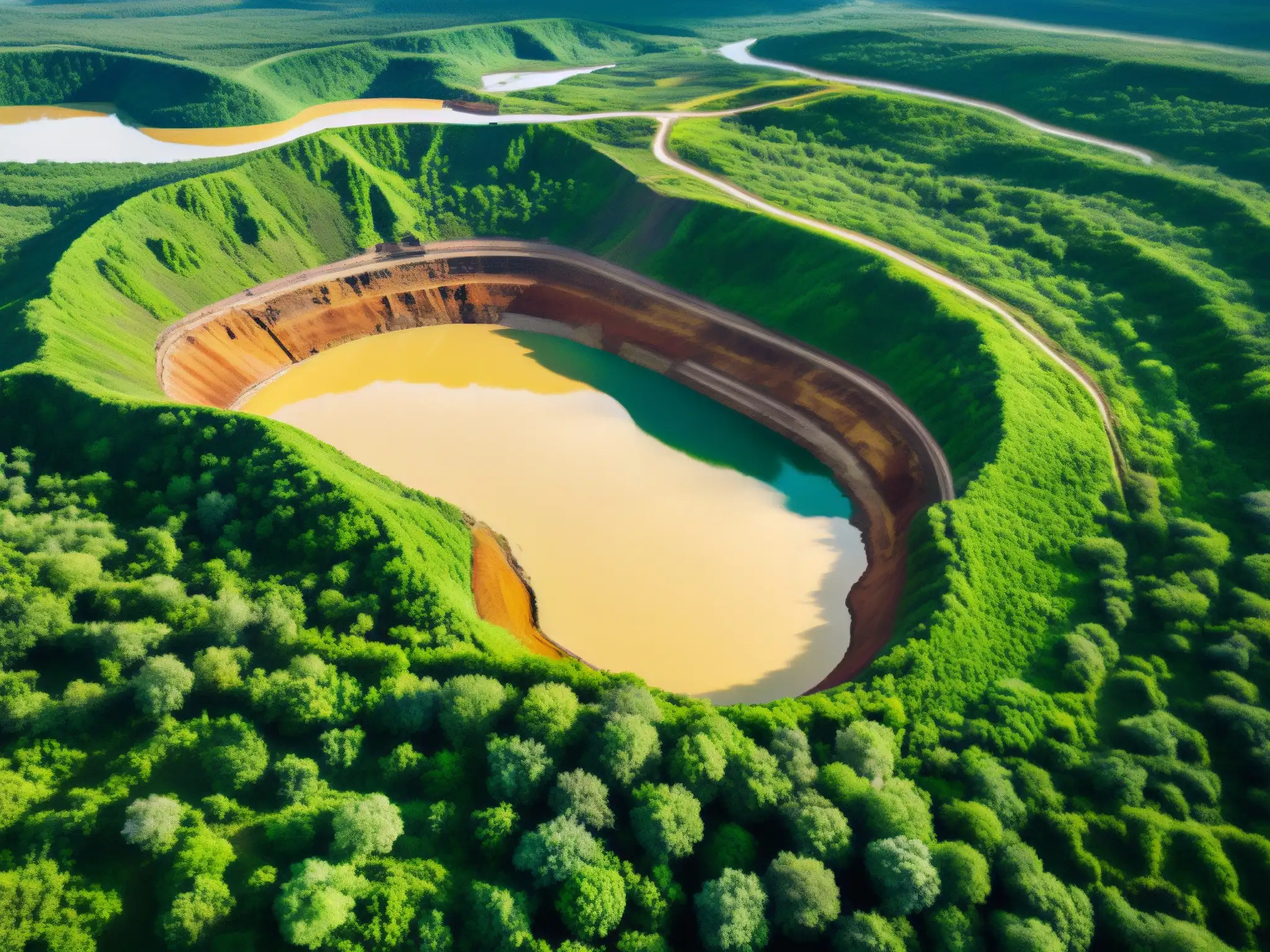 Vista aérea de una mina a cielo abierto rodeada de exuberante vegetación, destacando el contraste entre la extracción industrial y el paisaje natural