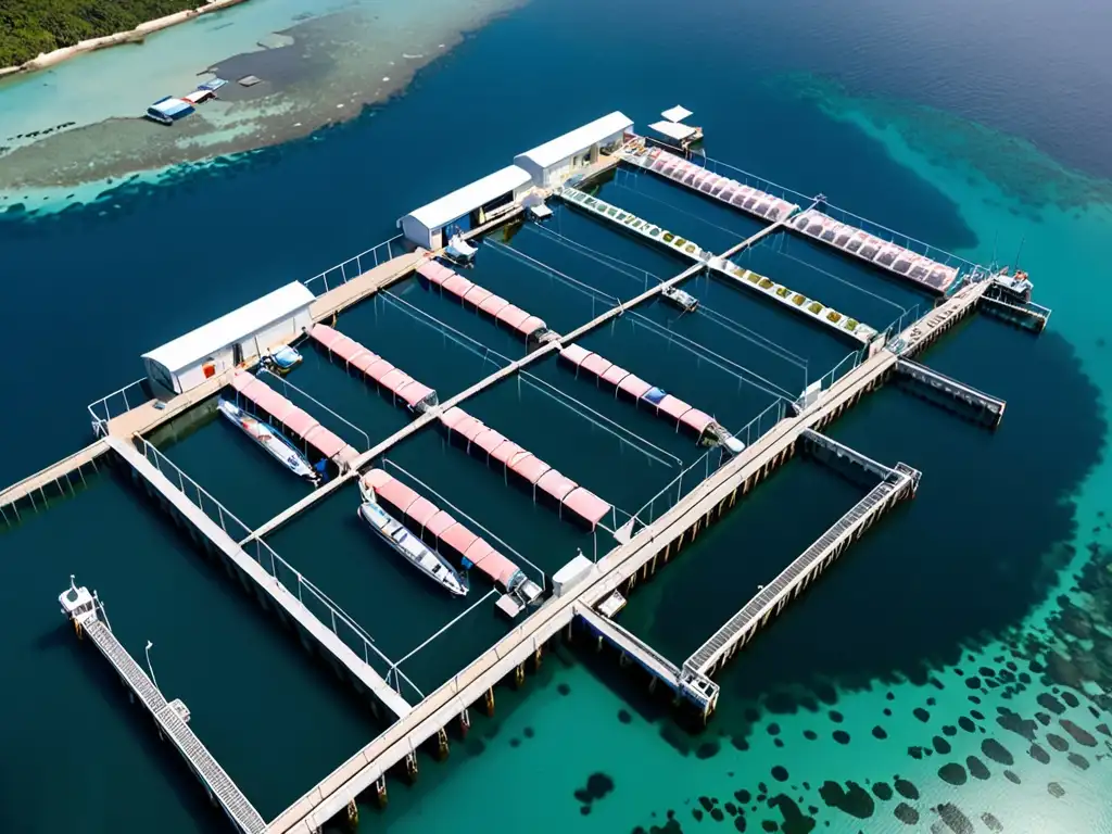 Vista aérea de una moderna instalación de acuicultura biotecnológica sostenible en el mar, con redes de criaderos flotantes y vida marina vibrante