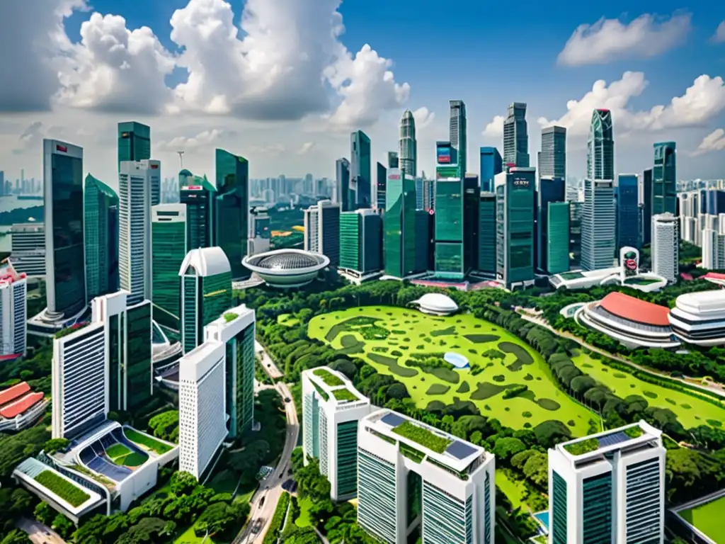 Vista aérea de Singapur con moderna arquitectura y exuberante vegetación, reflejando eficiencia tecnología verde y legislación ambiental