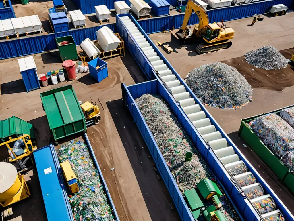 Vista aérea de una moderna planta de reciclaje con trabajadores y maquinaria procesando eficientemente diferentes tipos de residuos