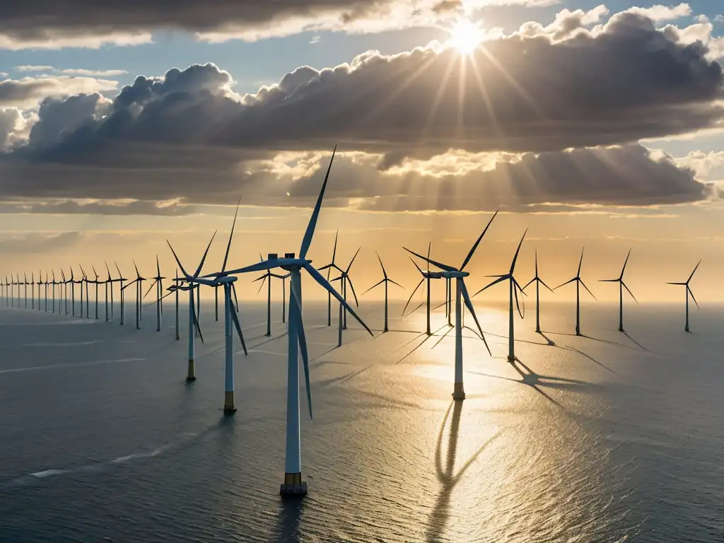 Vista aérea de Oceanía con molinos de viento marinos, iluminados por el sol, mostrando los incentivos legales en energías renovables