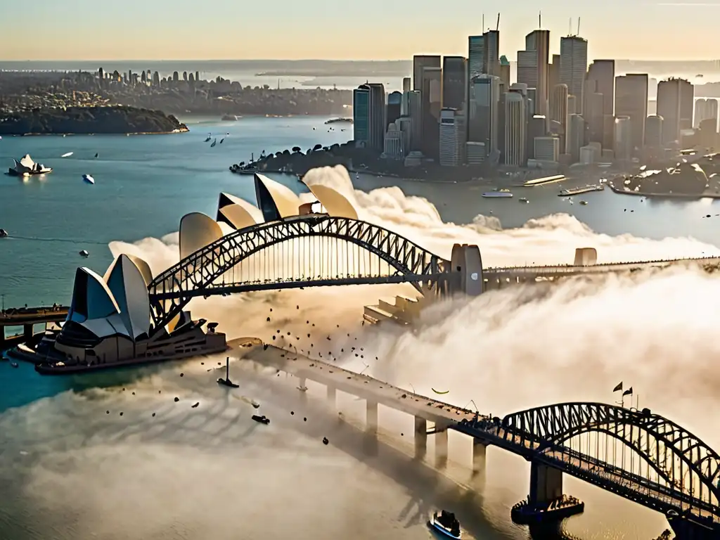 Vista aérea de la Ópera de Sídney y el Puente del Puerto envueltos en smog, con la ciudad de fondo