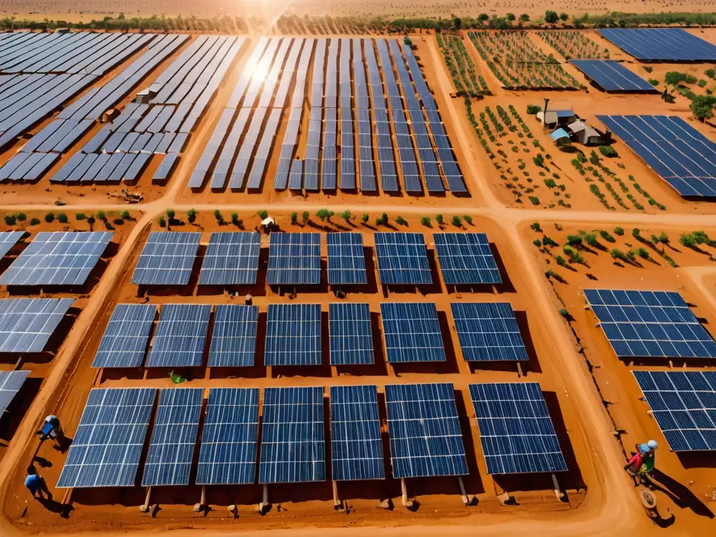 Vista aérea de paisaje árido con paneles solares, casas rurales y trabajadores locales