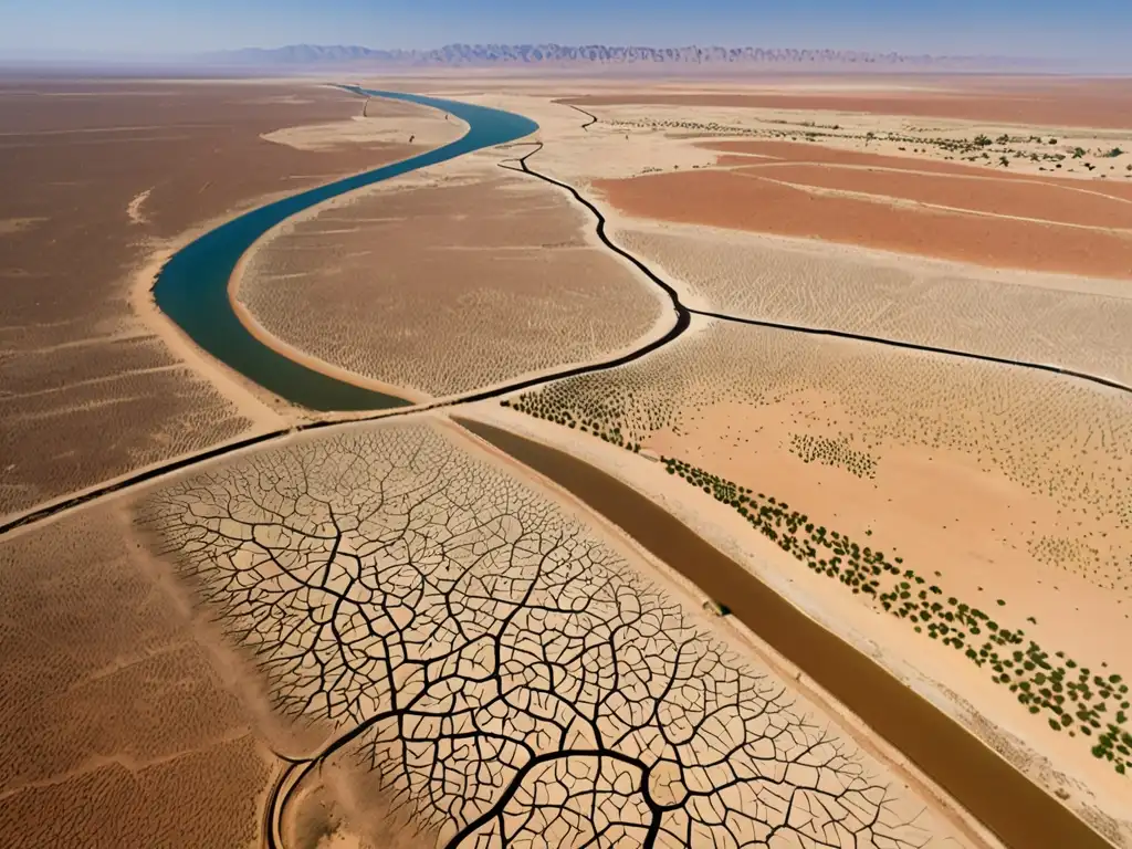 Vista aérea de un paisaje árido con vegetación escasa y signos de esfuerzos humanos para combatir la desertificación