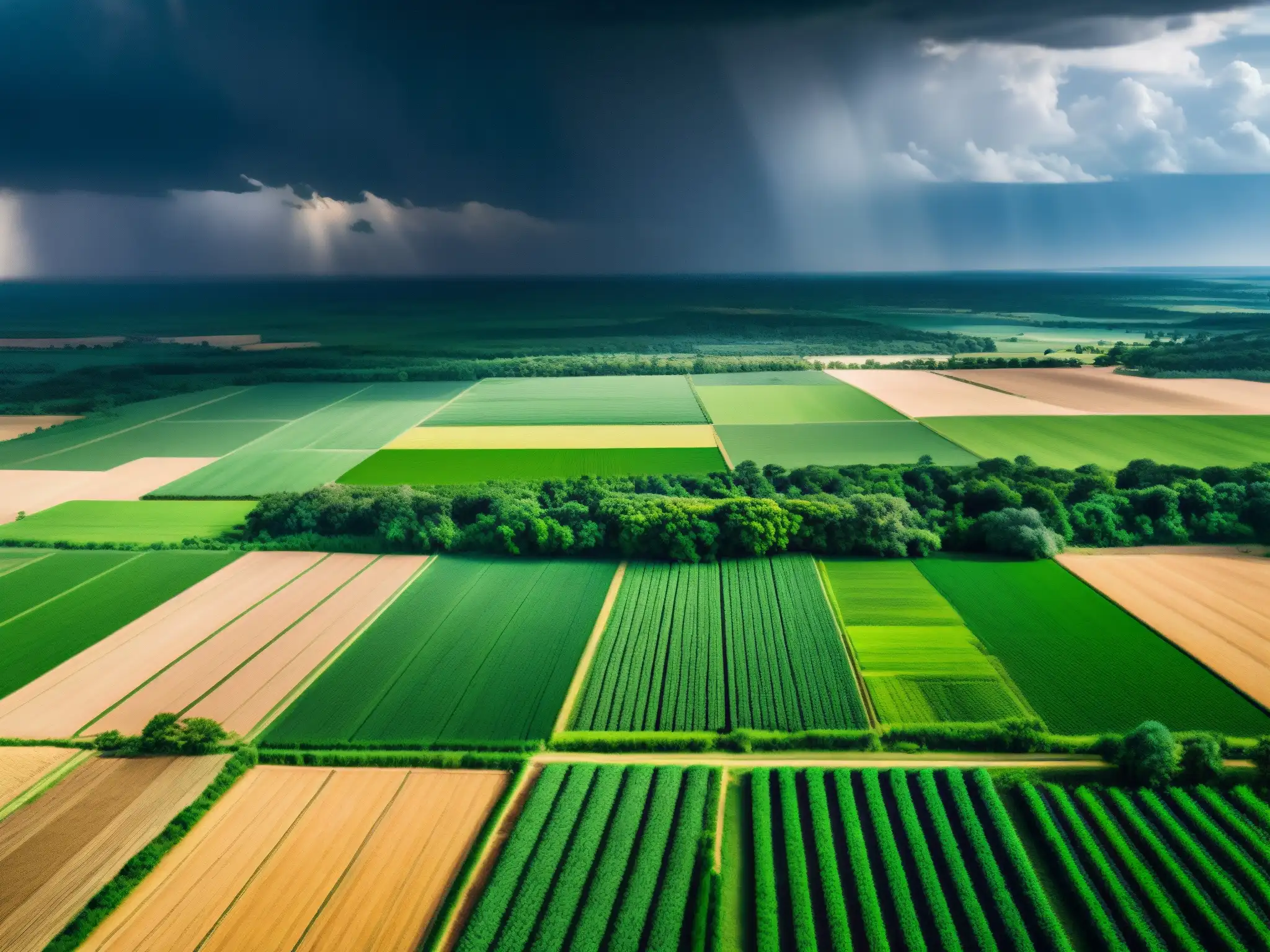 Vista aérea de paisaje agrícola contrastante entre campos verdes y tierras secas, con granjas y nubes de tormenta